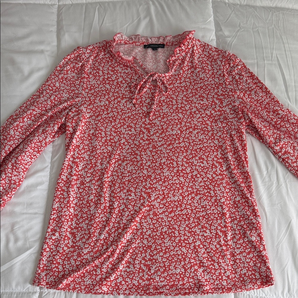 Adrianna Papell Coral Pink Floral Ruffle Tie-Neck Tunic
